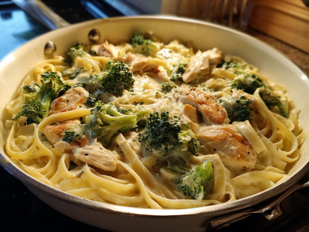Skillet with chicken broccoli alfredo pasta skillet featuring fettuccine, broccoli, and chicken in creamy sauce