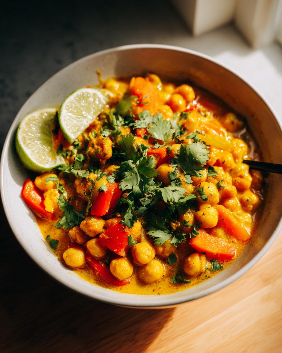 Bowl of chickpea and vegetable coconut curry garnished with cilantro and lime wedges.