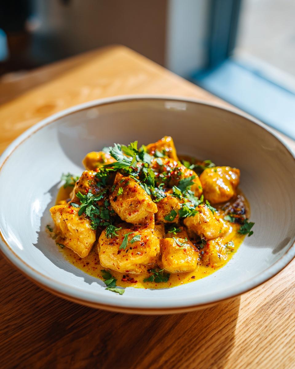 Bowl of creamy coconut chicken curry skillet garnished with chopped cilantro