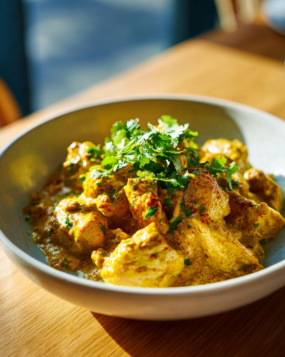 Close-up of creamy coconut chicken curry skillet garnished with fresh cilantro in a bowl.