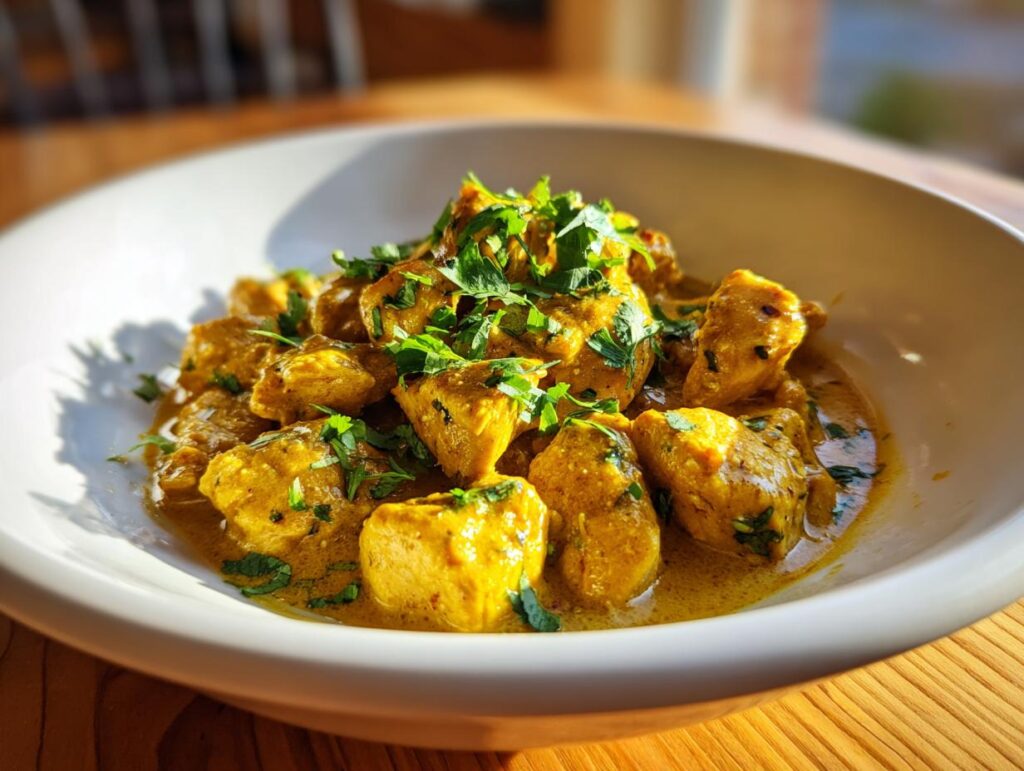 Creamy coconut chicken curry skillet garnished with fresh cilantro in a white bowl