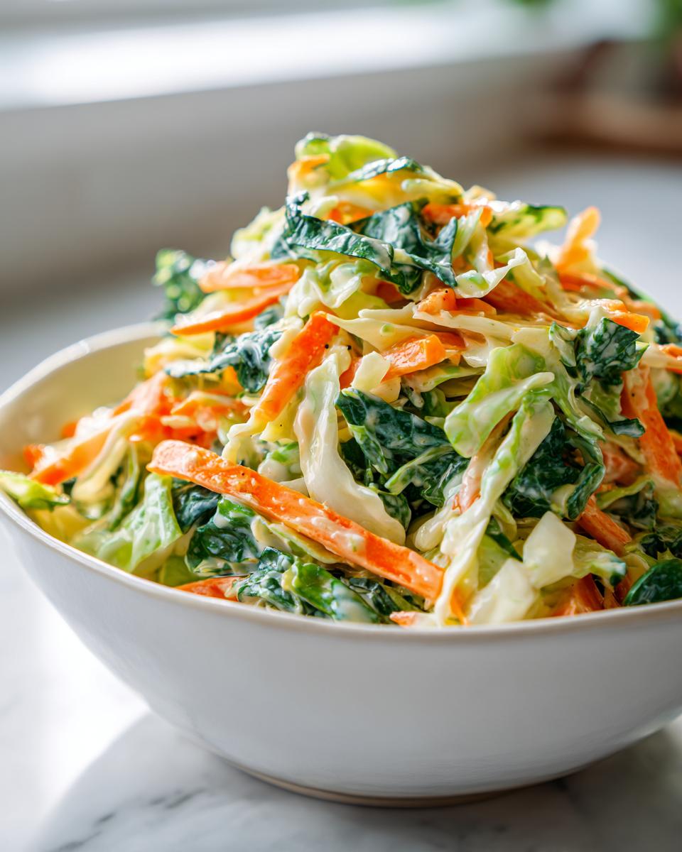 Close-up of creamy coleslaw with homemade dressing featuring shredded cabbage, carrots, and leafy greens