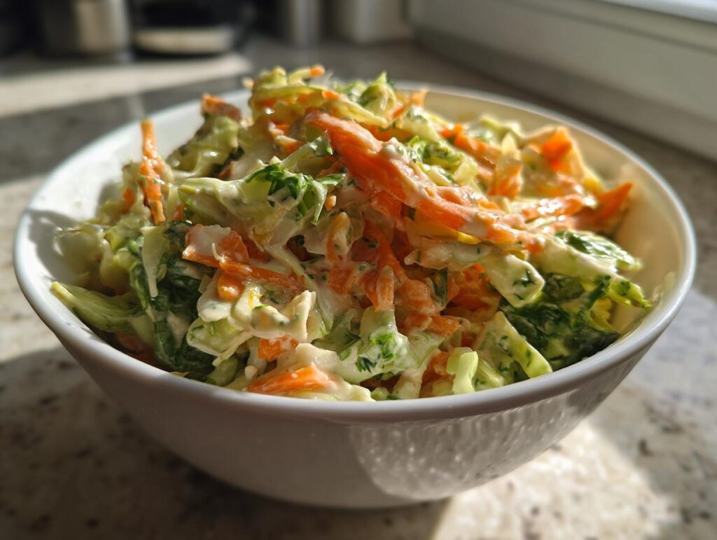 White bowl filled with creamy coleslaw with homemade dressing, featuring shredded carrots and greens