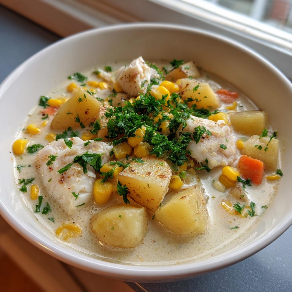 Bowl of creamy fish chowder with potatoes, corn, and garnished with fresh herbs.