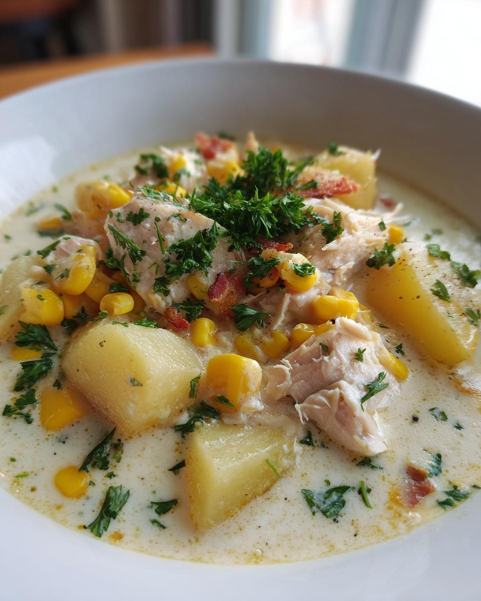 Bowl of creamy fish chowder with potatoes, corn, herbs, and chunks of fish.