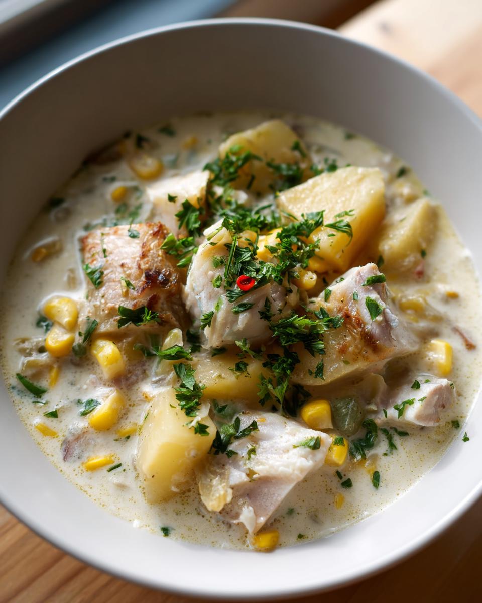 Bowl of creamy fish chowder with potatoes, corn, and fresh herbs on top.