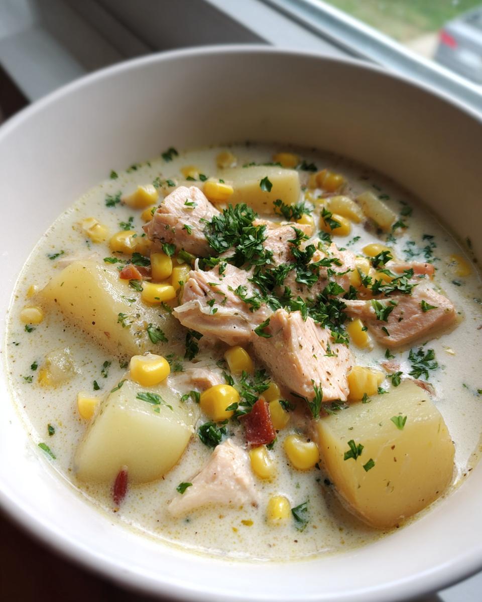 Bowl of creamy fish chowder with potatoes, corn, fish chunks, and parsley garnish