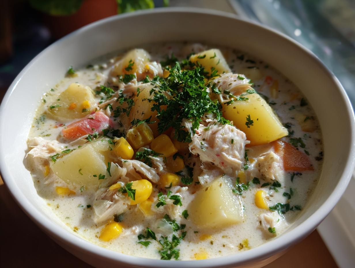 Bowl of creamy fish chowder with potatoes, corn, carrots, and fresh herbs.