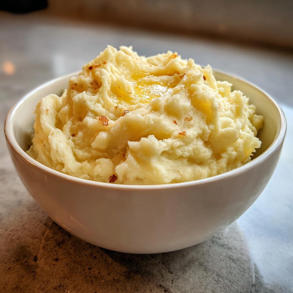 Creamy mashed cauliflower with garlic, topped with melted butter in a white bowl.