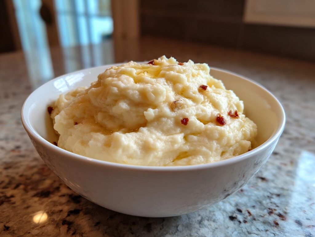 A bowl of creamy mashed cauliflower with garlic garnished with small bits of seasoning