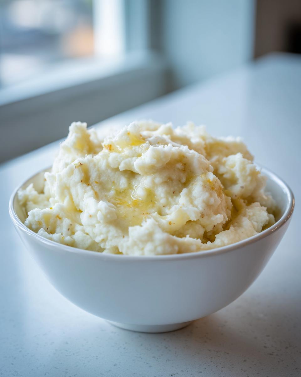 White bowl filled with creamy mashed cauliflower with garlic topped with seasoning.