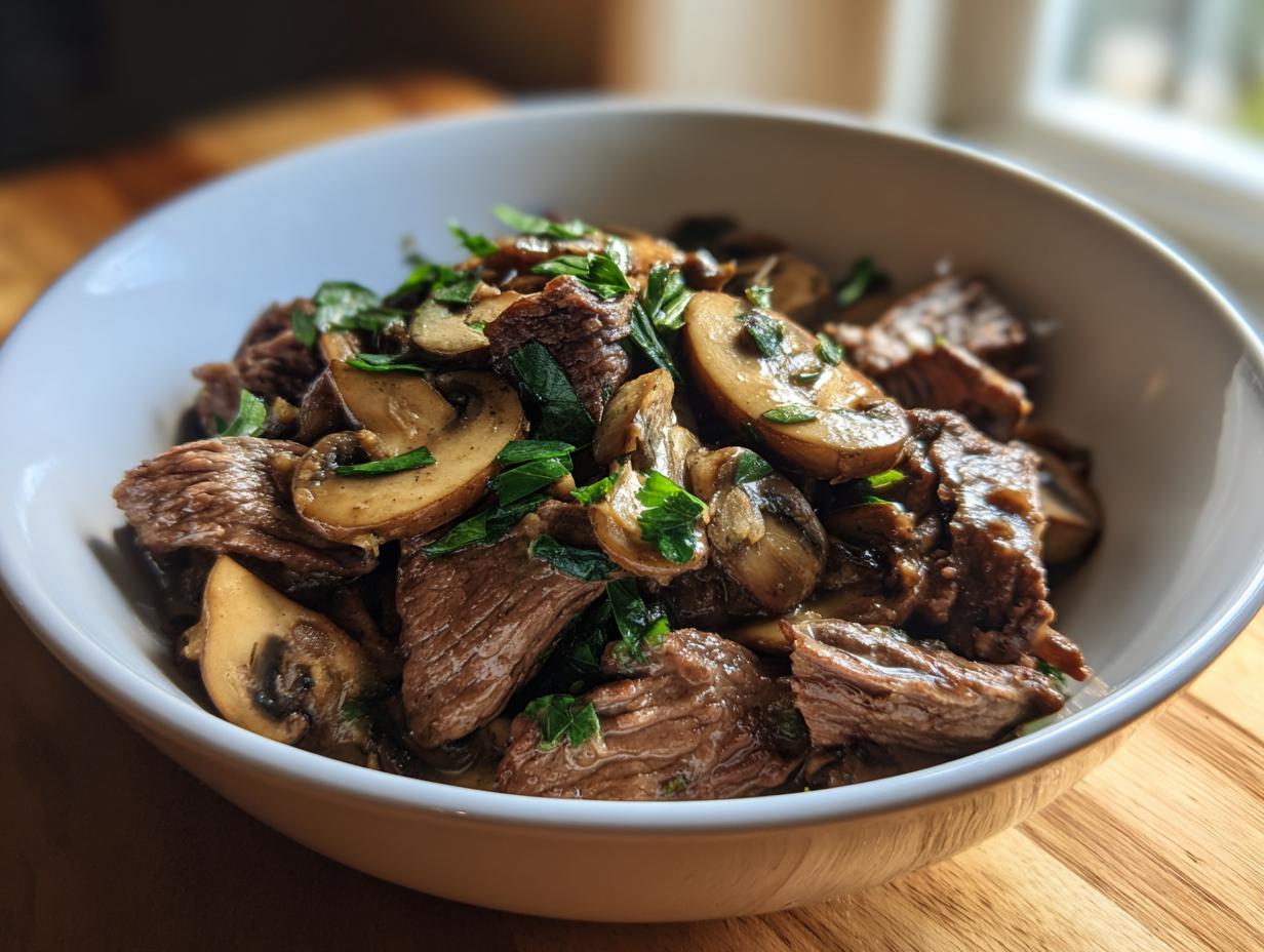 Close-up of skillet beef stroganoff with mushrooms garnished with fresh parsley in a white bowl