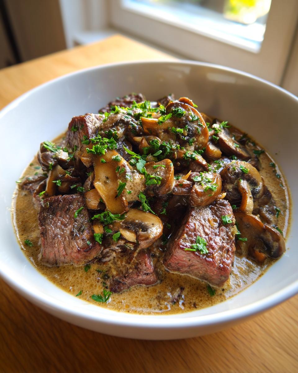 Bowl of creamy skillet beef stroganoff with mushrooms garnished with fresh parsley.