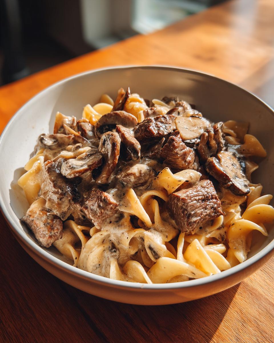 Bowl of creamy skillet beef stroganoff with mushrooms and egg noodles on wooden table.