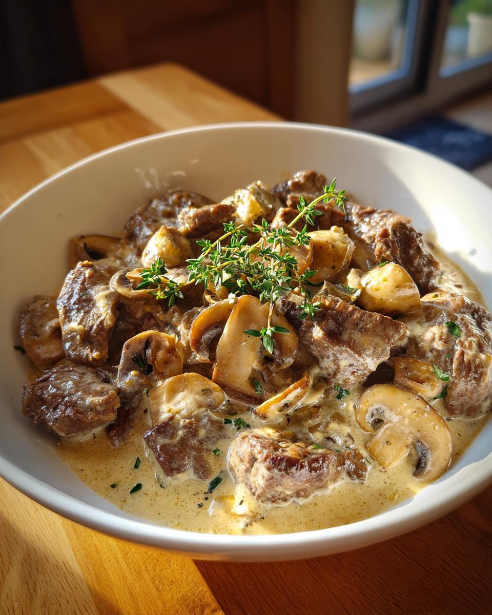 Bowl of creamy skillet beef stroganoff with mushrooms garnished with fresh thyme