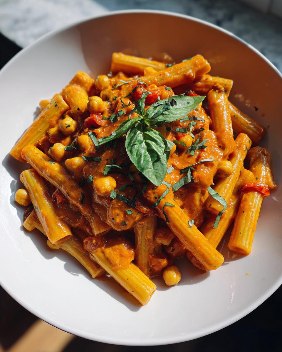 Plate of creamy tomato chickpea pasta recipe garnished with fresh basil leaves.