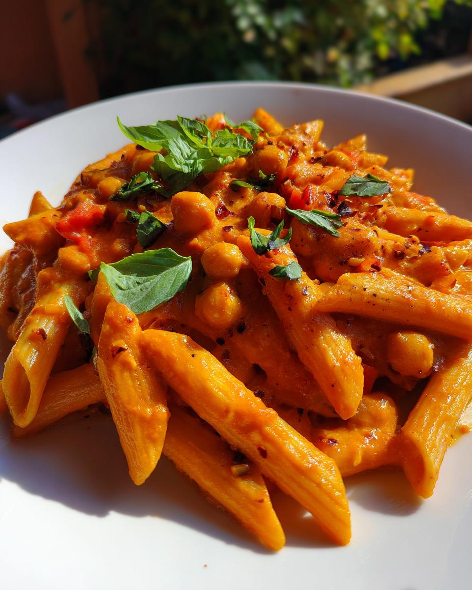 Close-up of creamy tomato chickpea pasta recipe garnished with fresh basil leaves