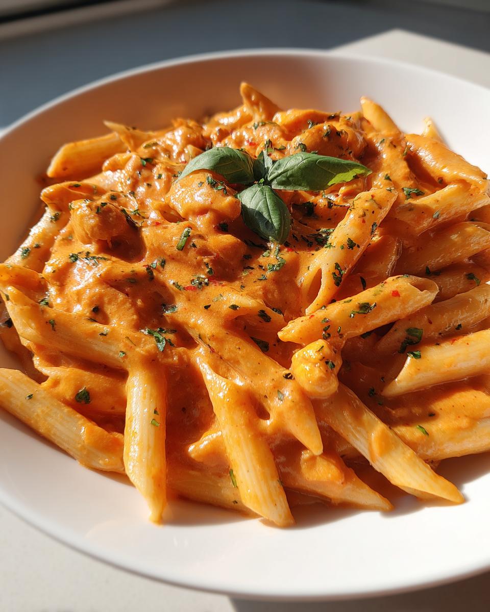 Penne pasta coated in creamy tomato chickpea pasta recipe sauce with fresh basil garnish