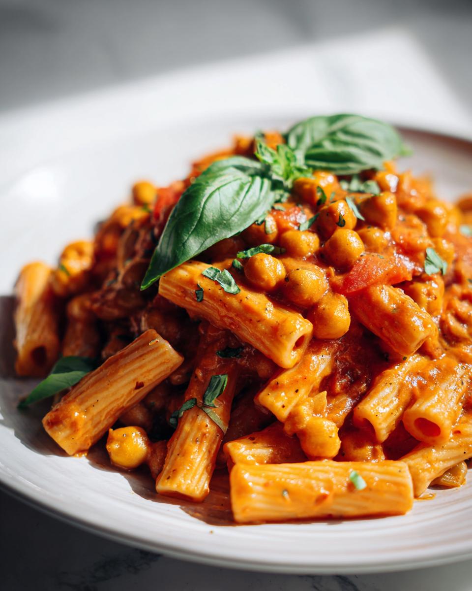 Creamy tomato chickpea pasta recipe on a white plate garnished with fresh basil leaves.