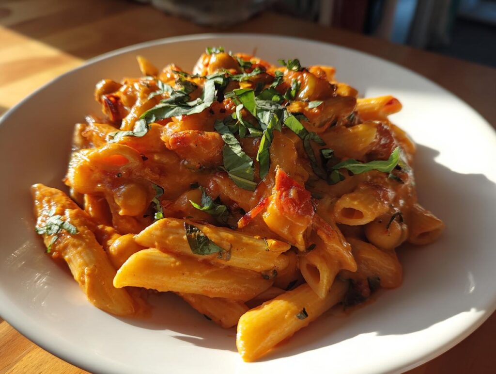 Plate of creamy tomato chickpea pasta garnished with fresh basil leaves