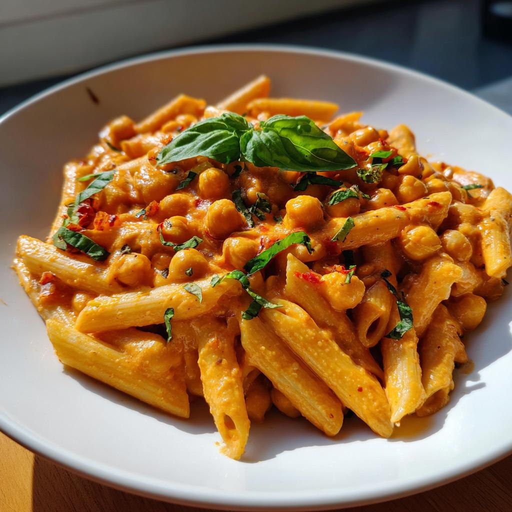 Close-up of creamy tomato chickpea pasta with penne and fresh basil garnish.