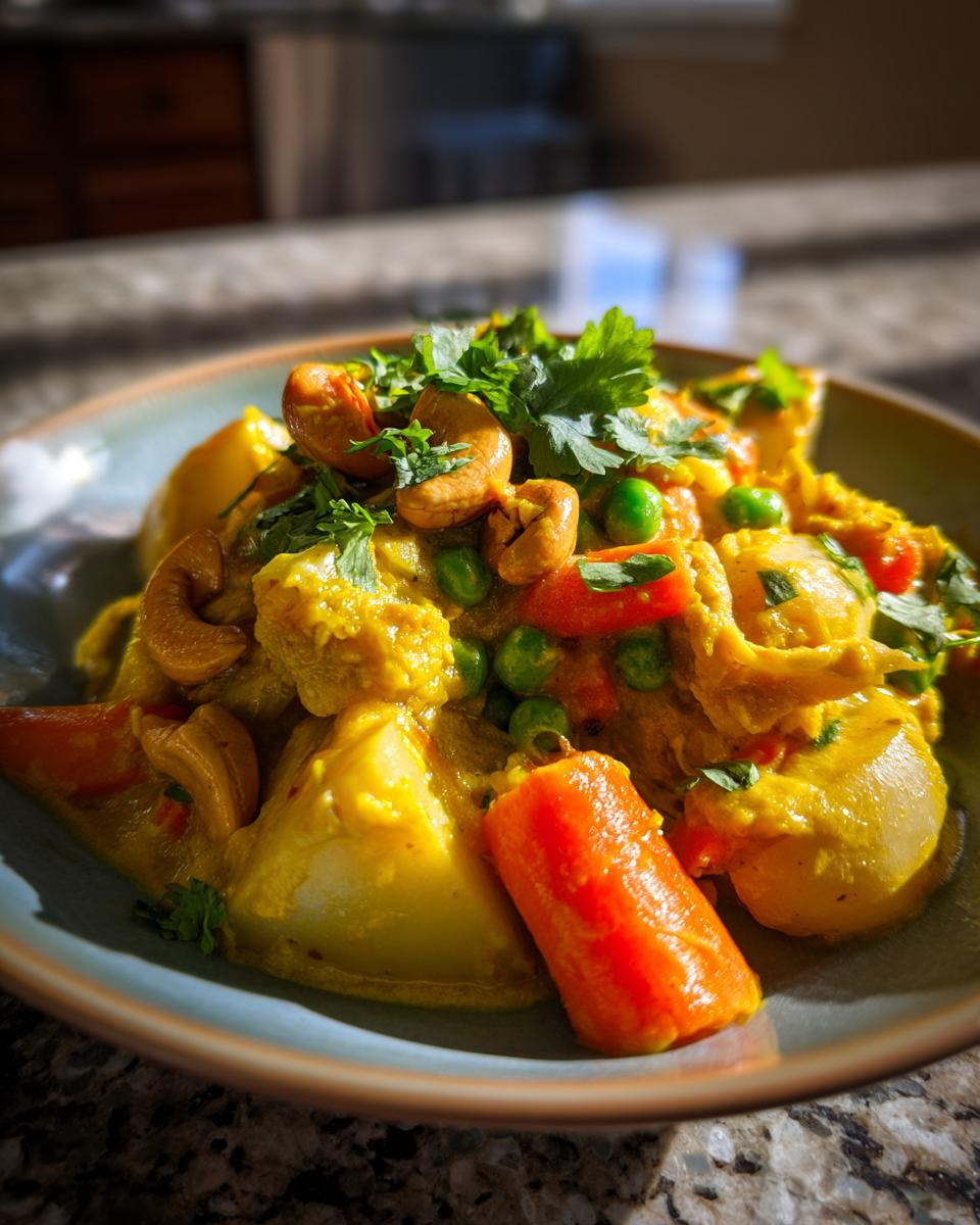Bowl of vegetable korma curry with cashews, carrots, peas, potatoes, and fresh herbs.