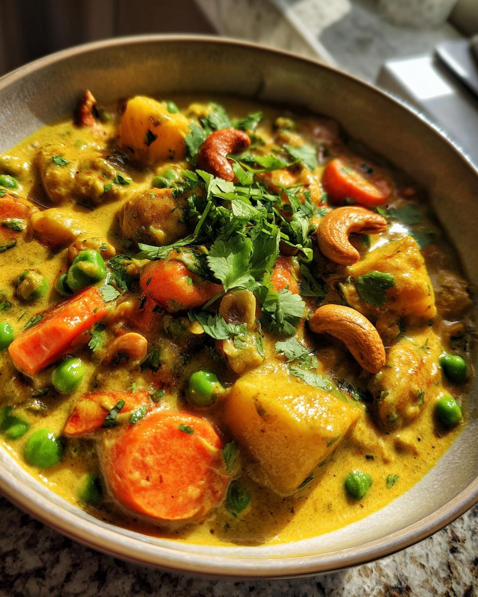 Bowl of creamy vegetable korma curry with cashews, peas, carrots, and garnished with fresh cilantro
