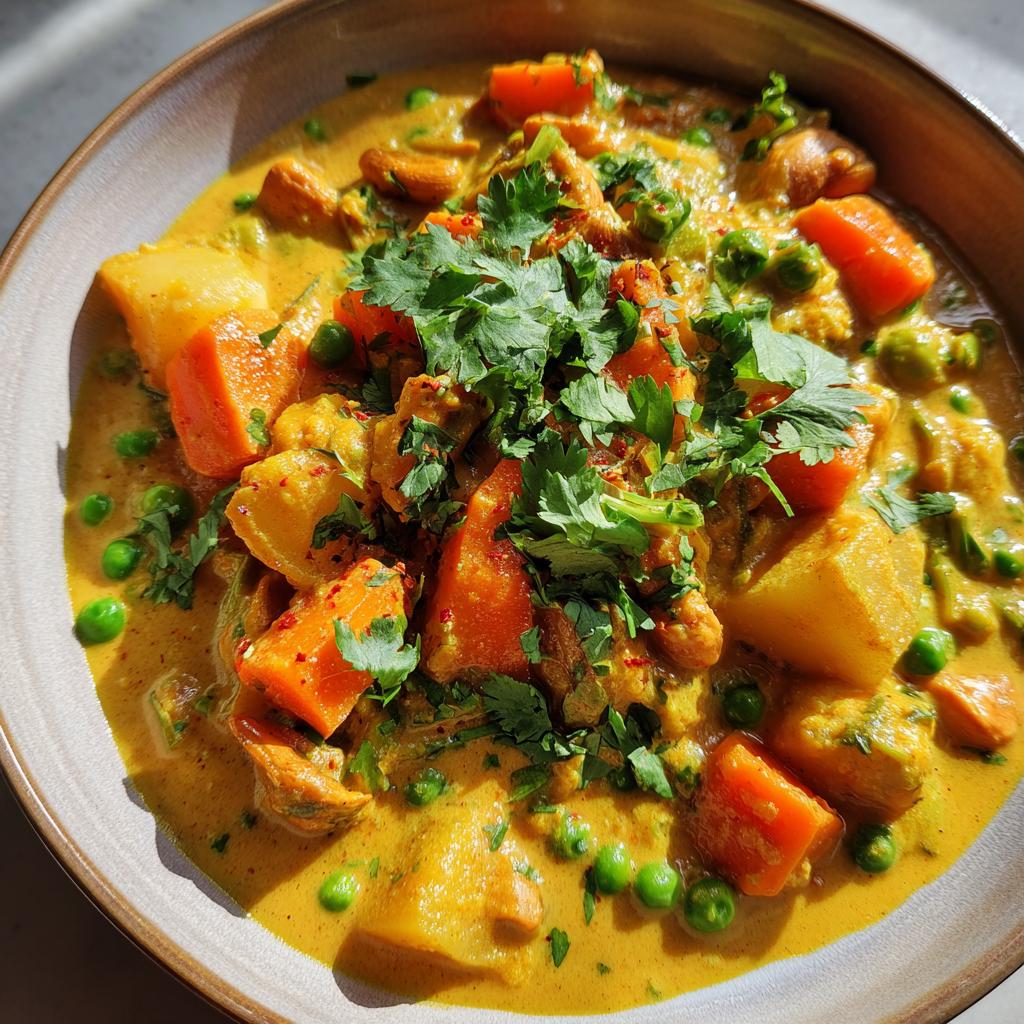 Bowl of creamy vegetable korma curry with cashews, carrots, peas, potatoes, and fresh cilantro.