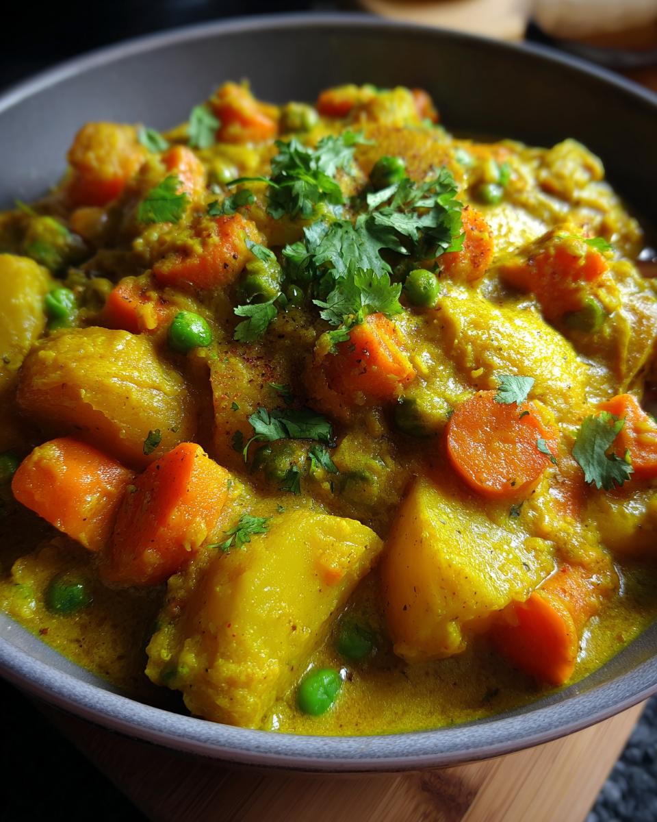 Bowl of creamy vegetable korma curry with cashews, peas, carrots, potatoes, and garnished with cilantro