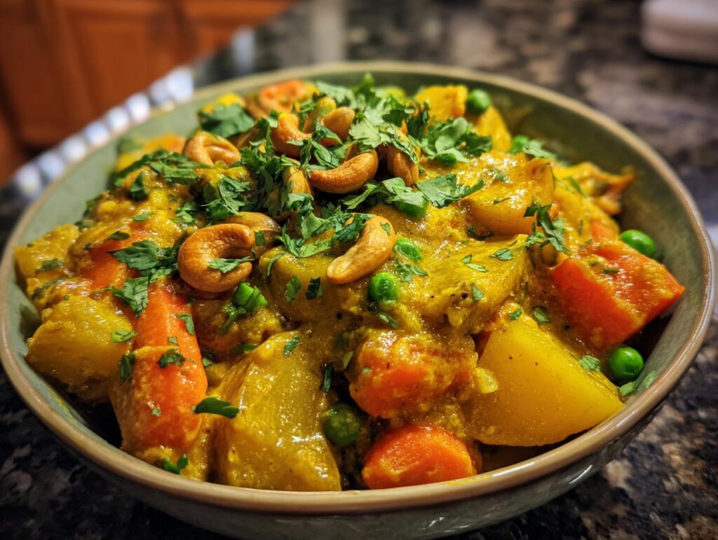 Bowl of creamy vegetable korma curry with cashews, peas, carrots, and cilantro garnish