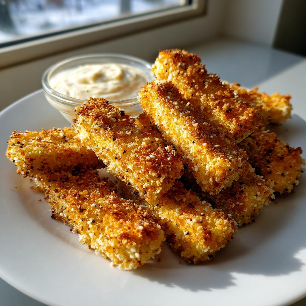 Plate of crispy oven baked fish sticks for kids with a side of dipping sauce.