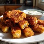 Plate of crispy oven baked fish sticks for kids with a side of dipping sauce.