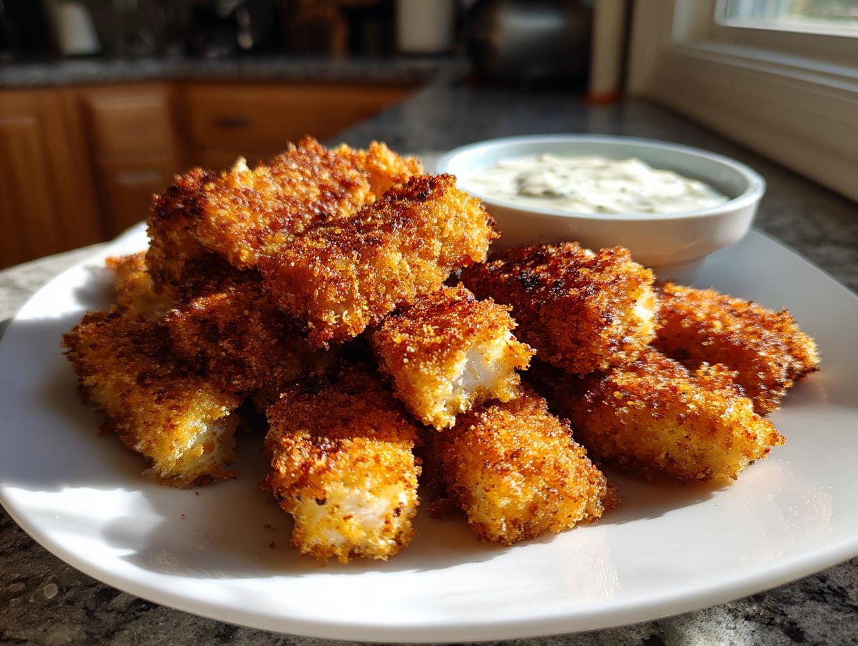 Plate of crispy oven baked fish sticks for kids with a side of dipping sauce.