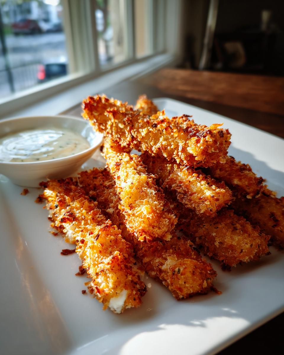 Golden crispy oven baked fish sticks for kids served with creamy dip on a white plate.