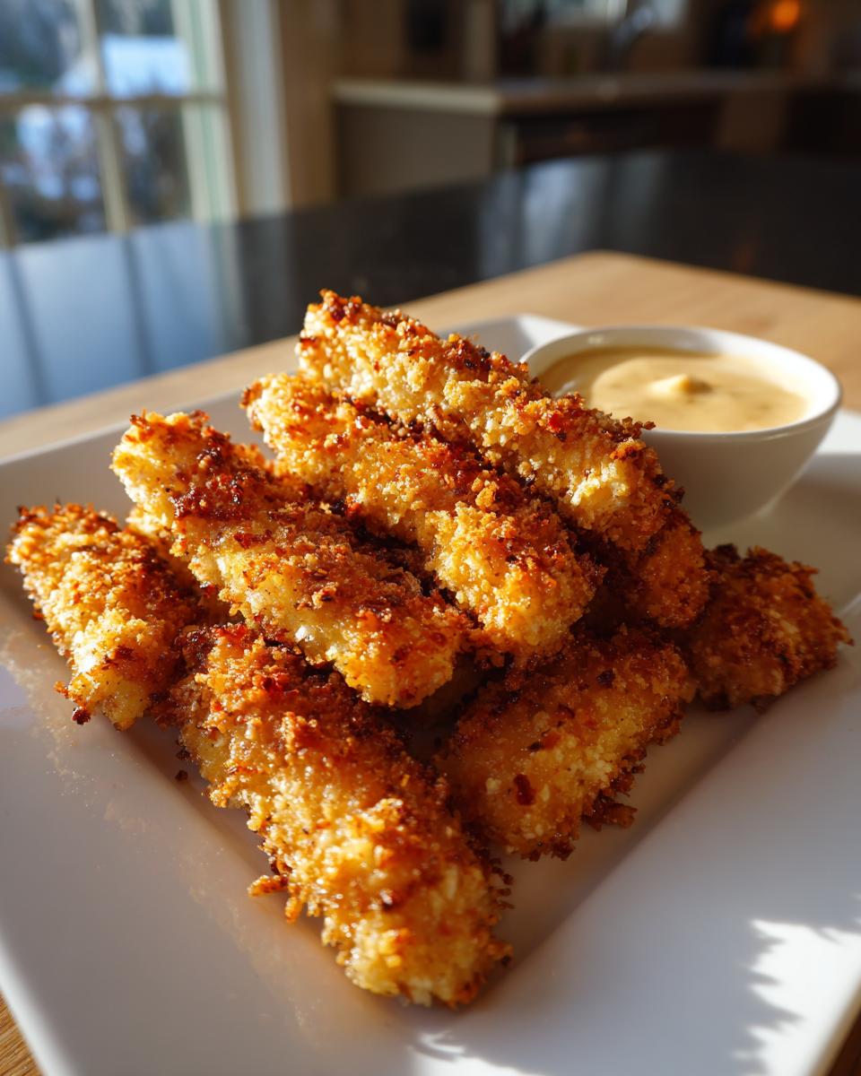 Plate of golden crispy oven baked fish sticks for kids with a side of dipping sauce.