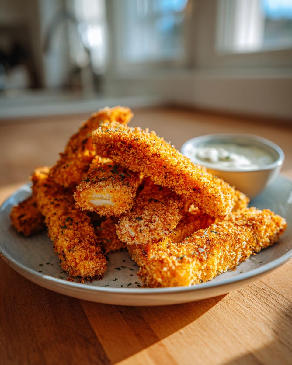 Plate of crispy oven baked fish sticks for kids with a dipping sauce on the side