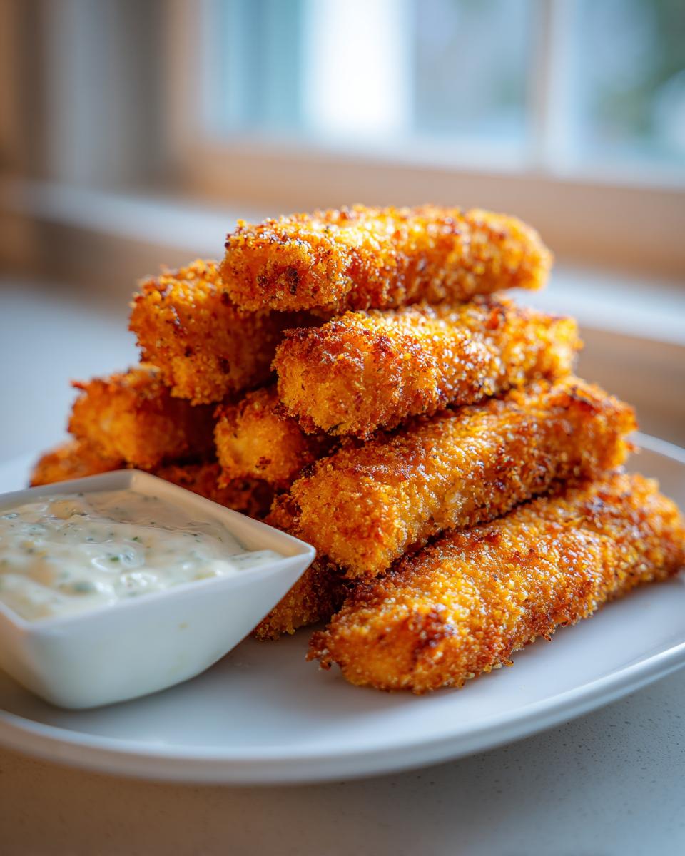 Golden crispy oven baked fish sticks for kids stacked on a plate with a side of creamy dipping sauce.