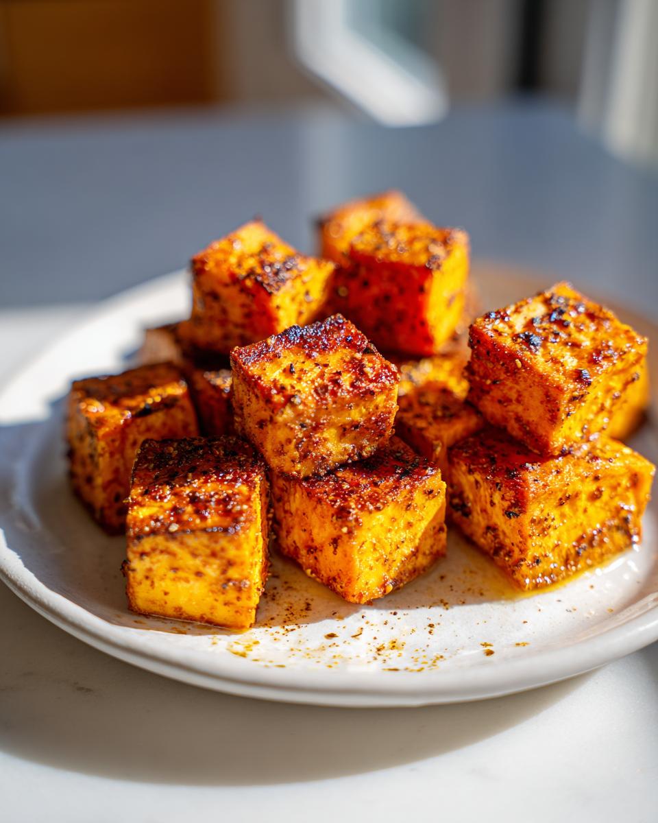 Close-up of crispy roasted sweet potato cubes stacked on a white plate