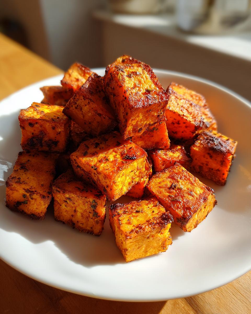 Close-up of golden crispy roasted sweet potato cubes served on a white plate