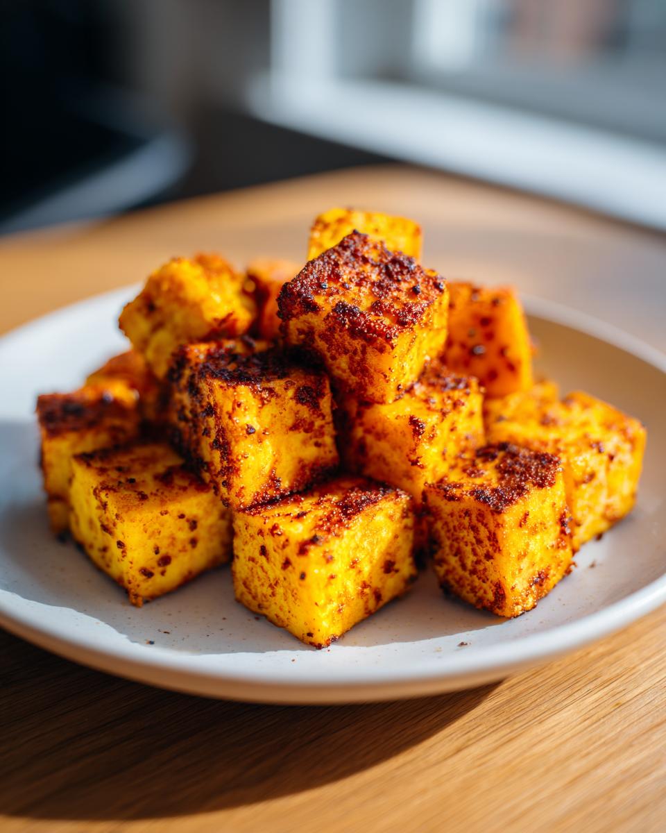 Close-up of crispy roasted sweet potato cubes with browned edges piled on a white plate.