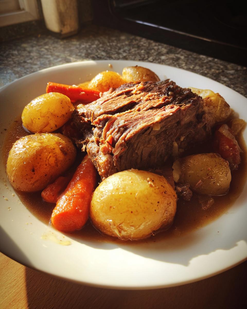 Plate of tender crockpot roast with potatoes and carrots in gravy
