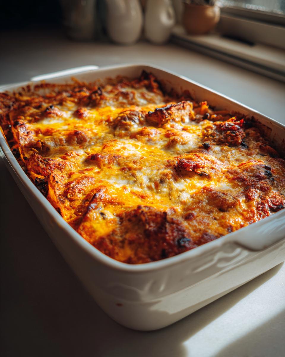 Baked easy chicken enchilada casserole bake with melted cheese in white ceramic dish