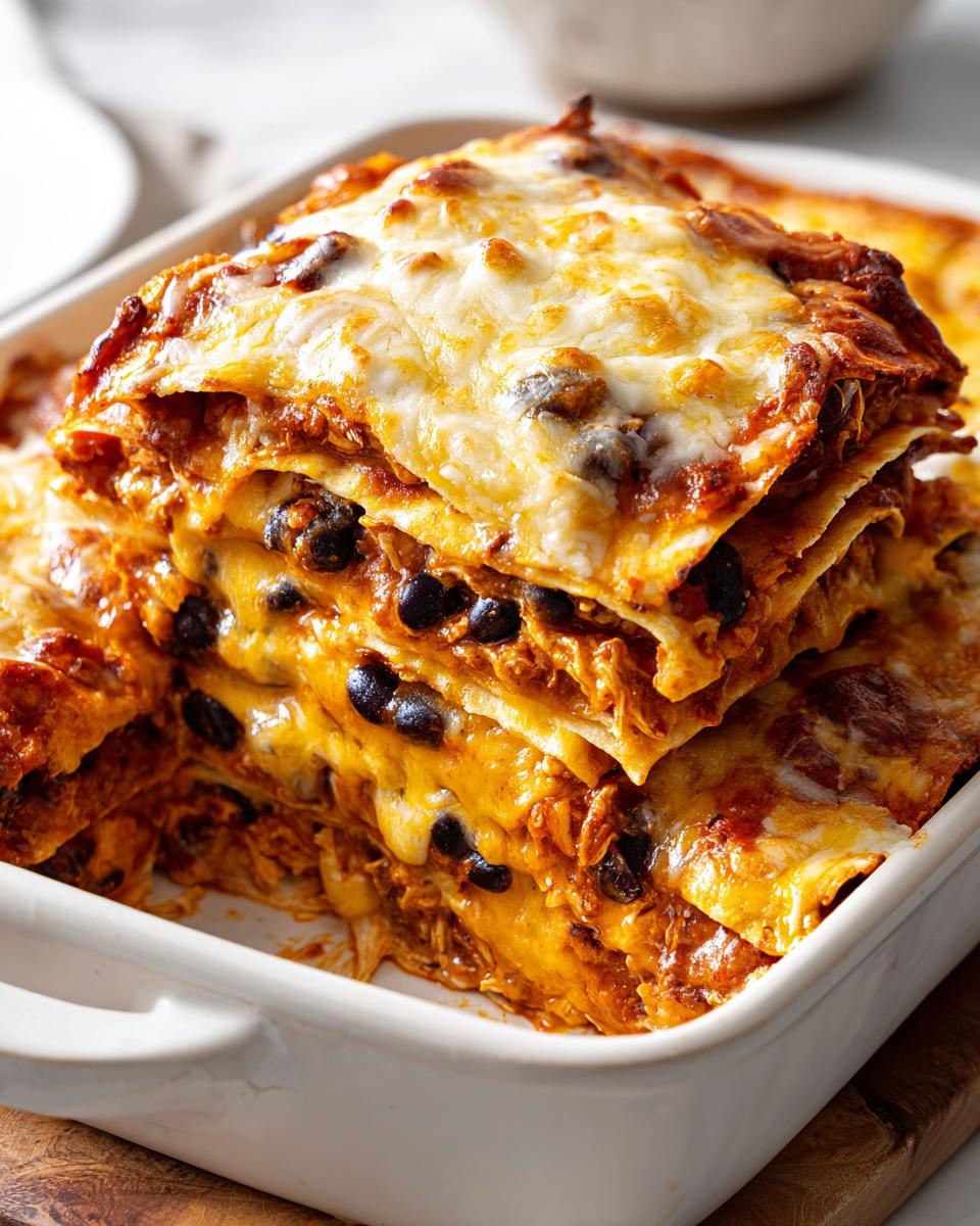 Close-up of easy chicken enchilada casserole bake with melted cheese and black beans