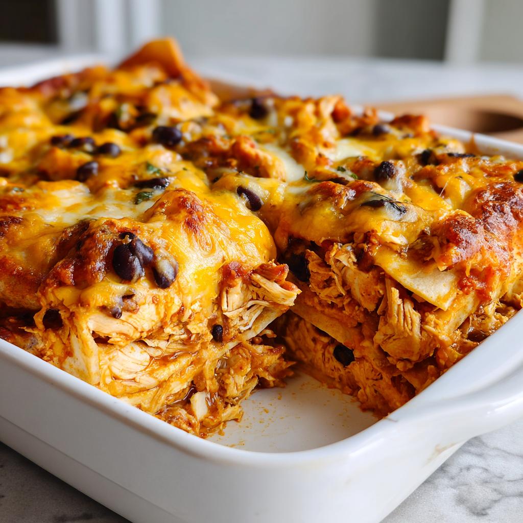 Close-up of easy chicken enchilada casserole bake topped with melted cheese and black beans in white baking dish