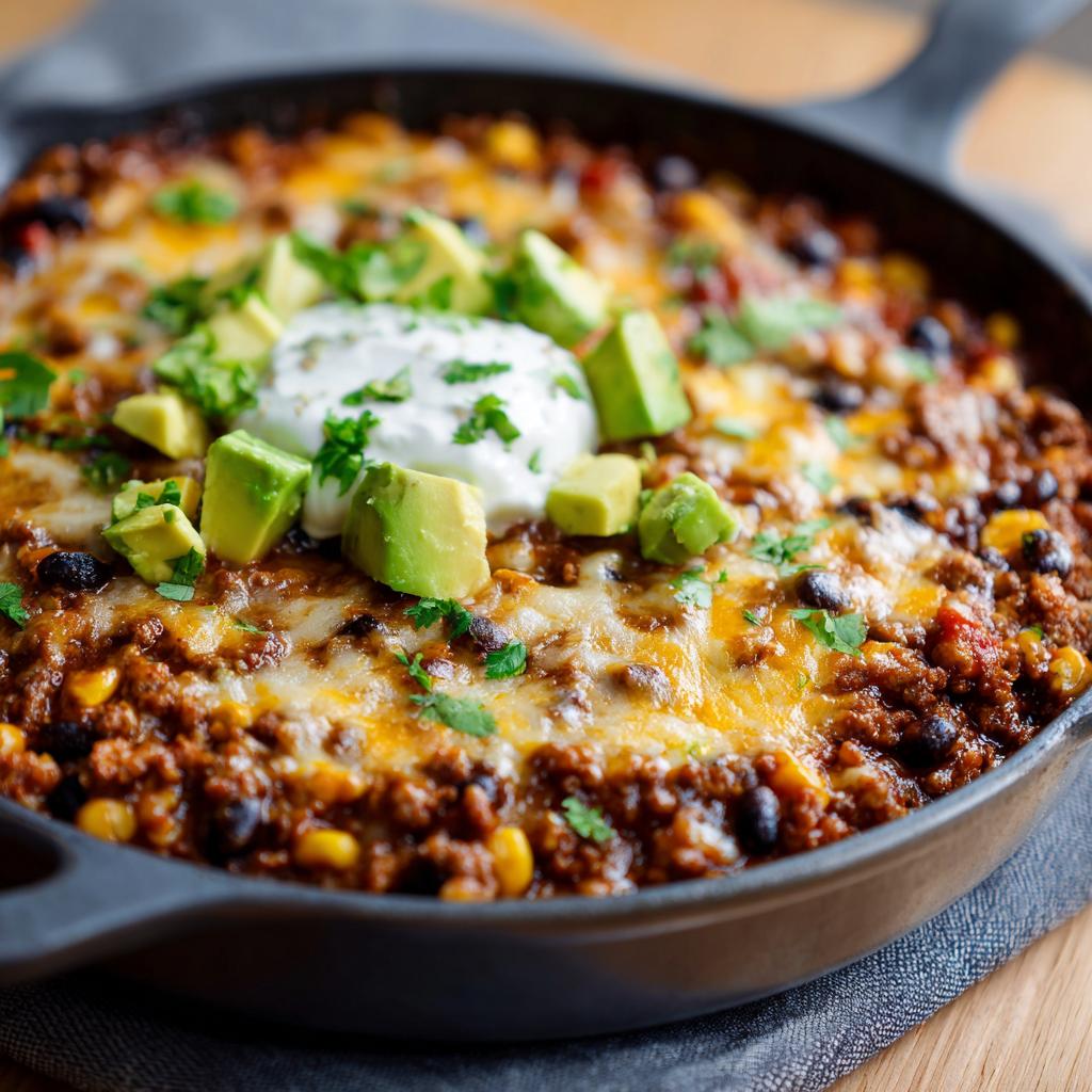 Close-up of an easy ground beef taco skillet dinner topped with avocado, sour cream, and chopped cilantro.
