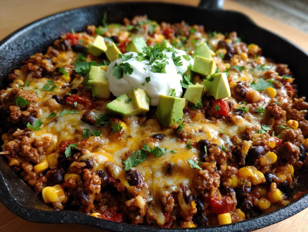 Skillet meal of easy ground beef taco dinner topped with sour cream, avocado, and cilantro.
