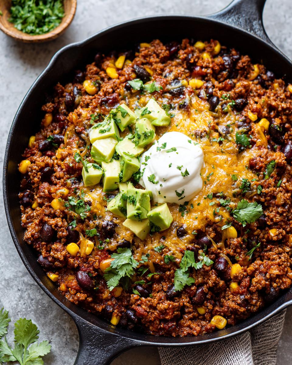 Skillet filled with easy ground beef taco skillet dinner topped with avocado, sour cream, and cilantro.