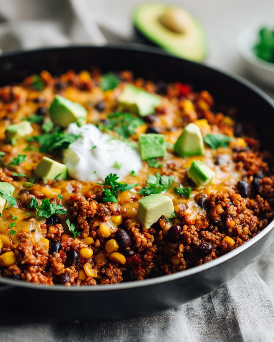Close-up of easy ground beef taco skillet dinner topped with avocado, cheese, sour cream, and fresh cilantro