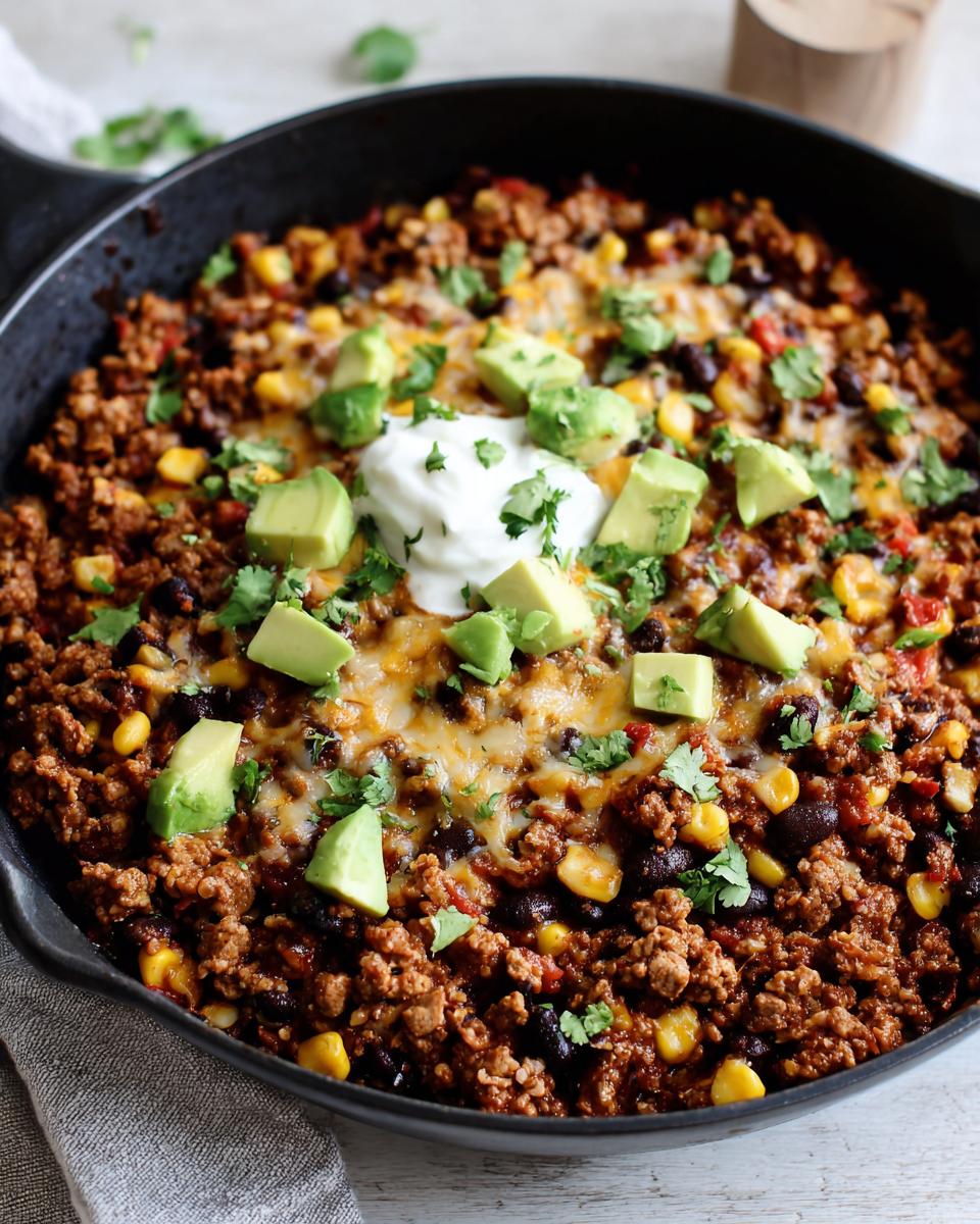 Skillet filled with easy ground beef taco skillet dinner topped with avocado, sour cream, and cilantro.