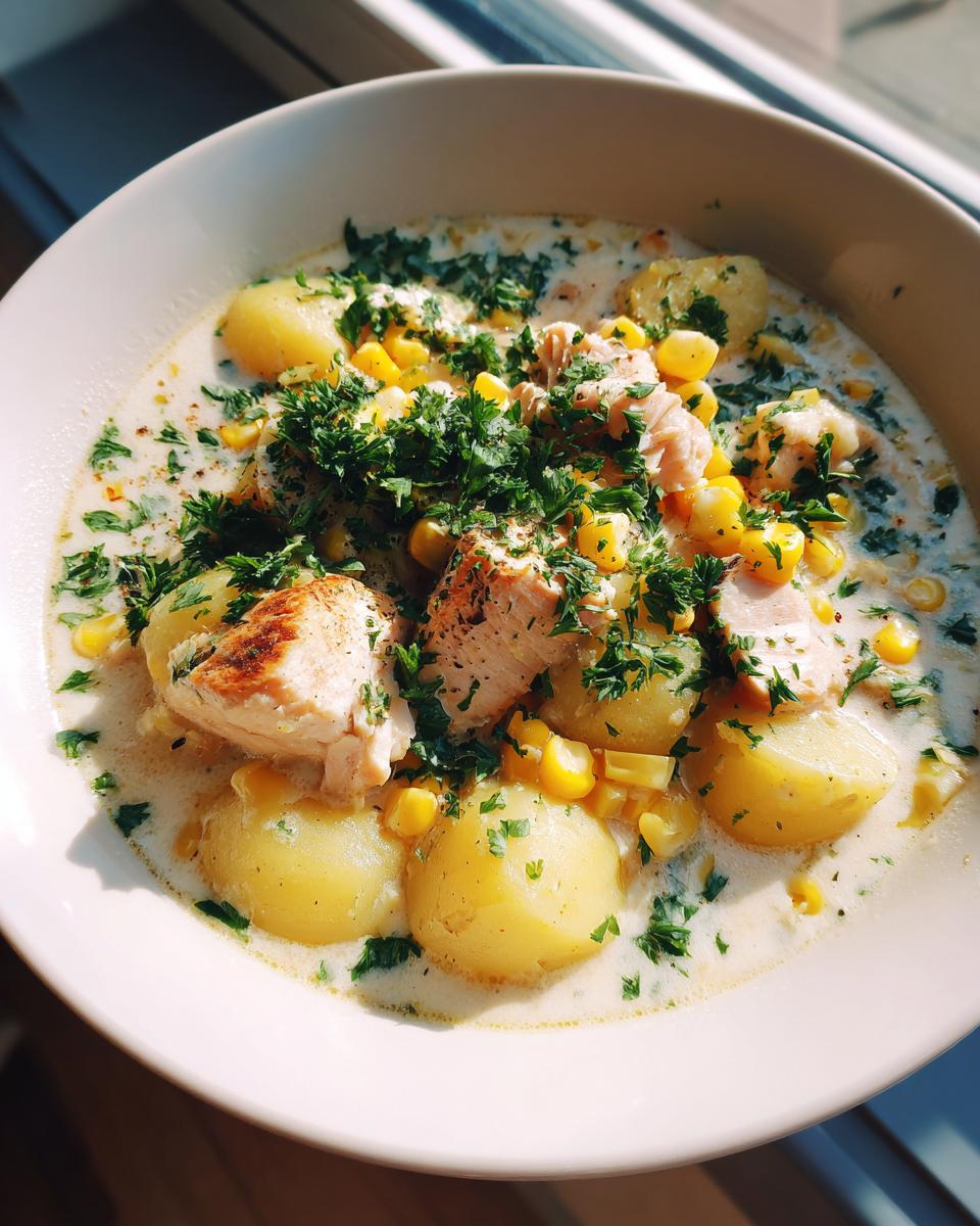 Bowl of fish chowder with potatoes and corn garnished with fresh herbs.